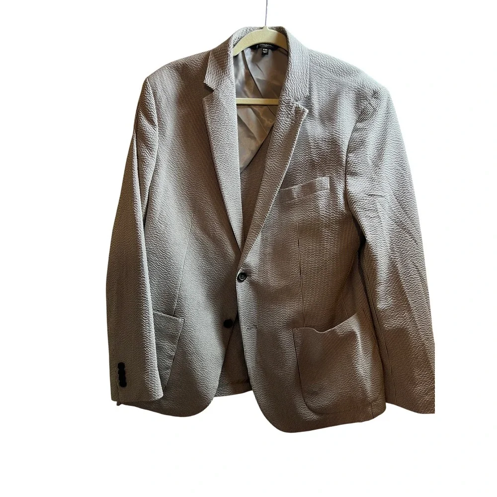 Banana Republic Mens 44R Seersucker Blazer Dark Grey White Striped Sport Coat